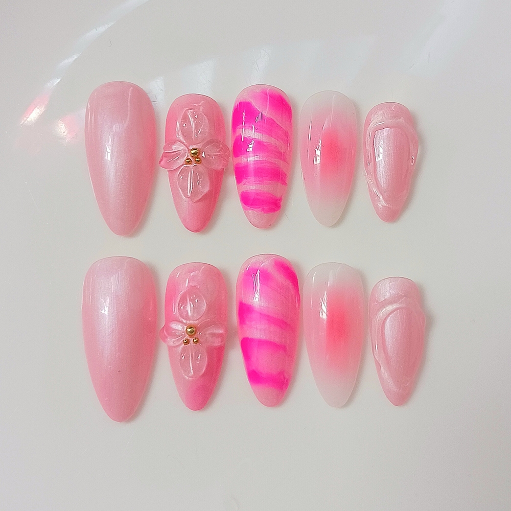 3D Pink Floral Almond Handmade Press On Nail Art Set 10pcs Diy Reusable
